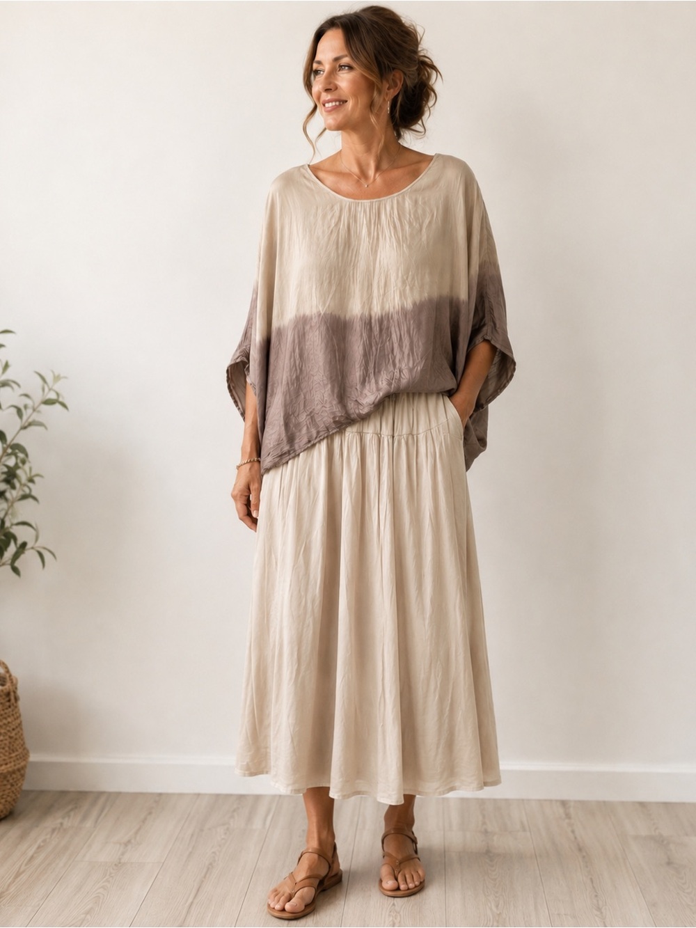 Women's Made in Italy Silk Blend Ombré Top & Long Skirt Set Sz L